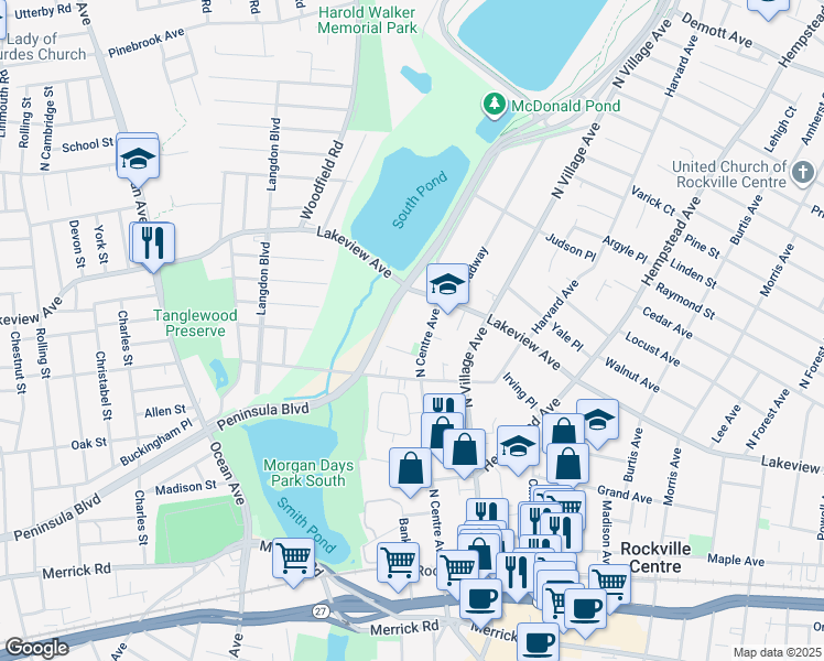 map of restaurants, bars, coffee shops, grocery stores, and more near 274 North Centre Avenue in Rockville Centre