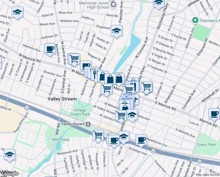 map of restaurants, bars, coffee shops, grocery stores, and more near 21 South Franklin Avenue in Valley Stream