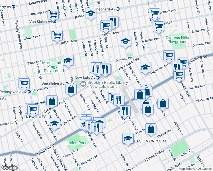 map of restaurants, bars, coffee shops, grocery stores, and more near 691 Ashford Street in Brooklyn