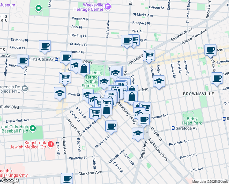 map of restaurants, bars, coffee shops, grocery stores, and more near 48 Rockaway Parkway in Brooklyn