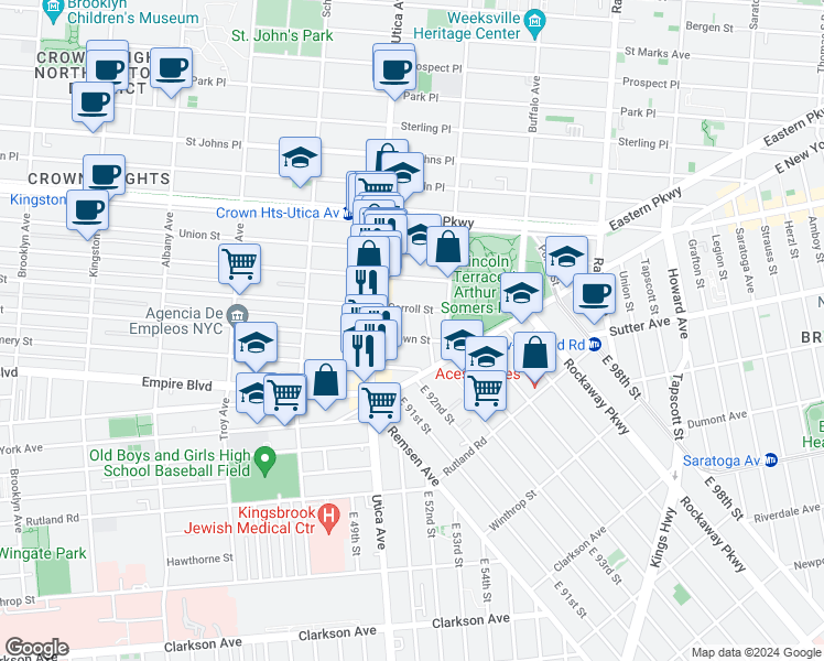 map of restaurants, bars, coffee shops, grocery stores, and more near 810 Crown Street in Brooklyn