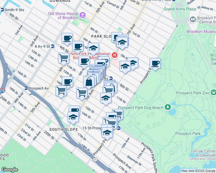 map of restaurants, bars, coffee shops, grocery stores, and more near 528 11th Street in Brooklyn