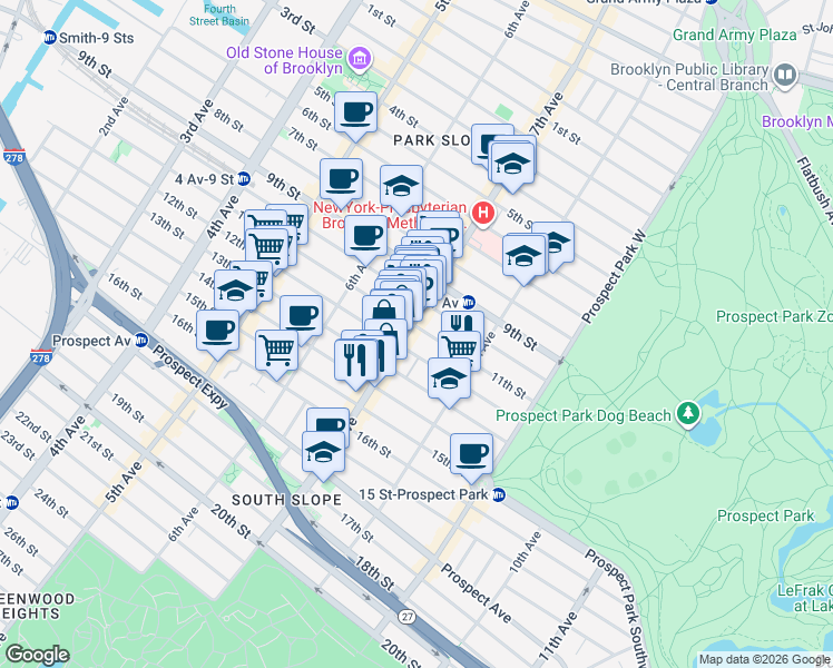 map of restaurants, bars, coffee shops, grocery stores, and more near 389 7th Avenue in Brooklyn