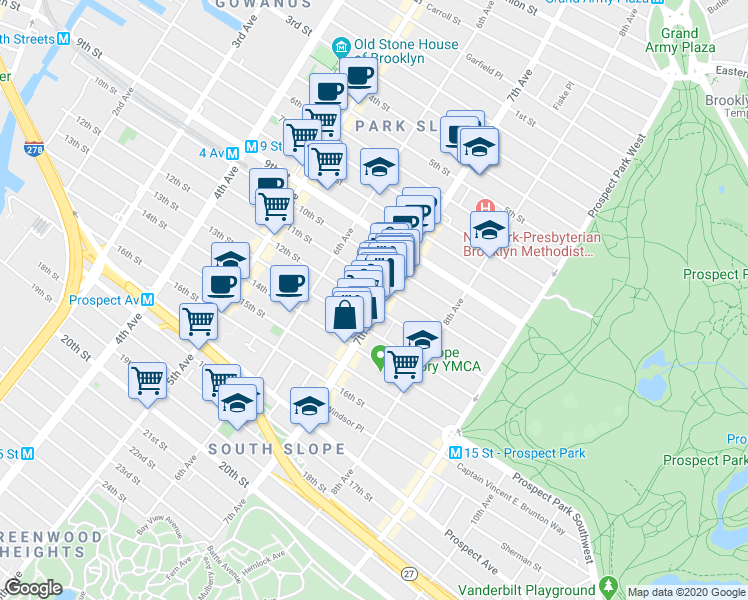 map of restaurants, bars, coffee shops, grocery stores, and more near 389 7th Avenue in Brooklyn