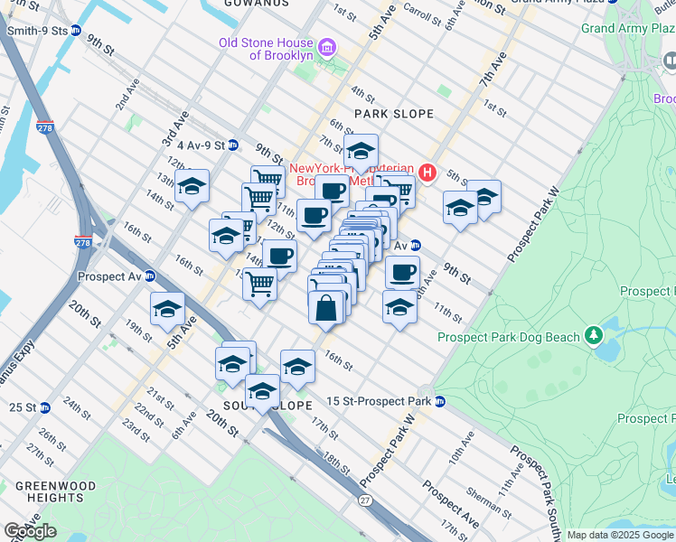 map of restaurants, bars, coffee shops, grocery stores, and more near 365 13th Street in Brooklyn