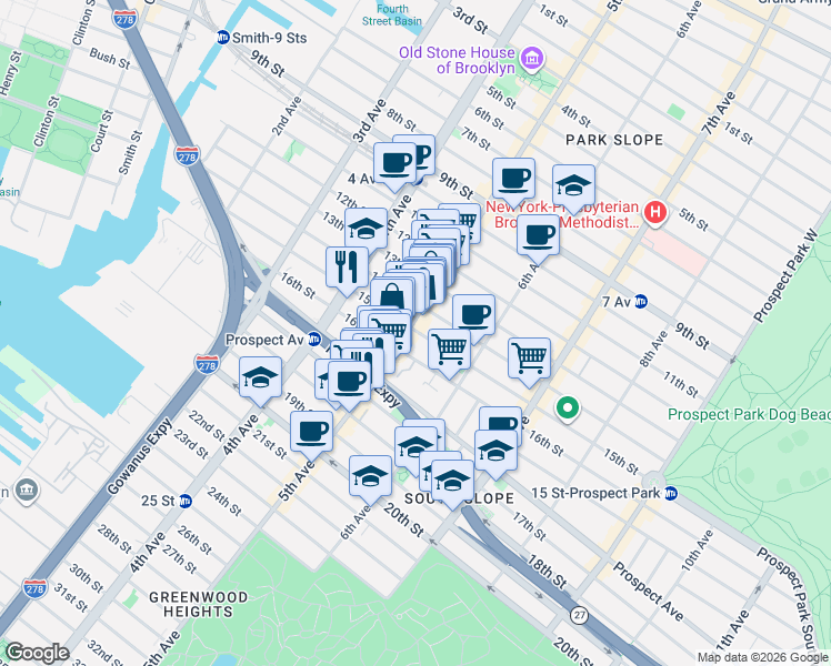 map of restaurants, bars, coffee shops, grocery stores, and more near 240 15th Street in Brooklyn