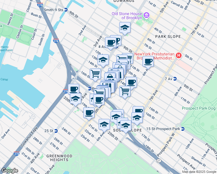 map of restaurants, bars, coffee shops, grocery stores, and more near 162 16th Street in Brooklyn