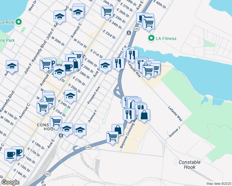 map of restaurants, bars, coffee shops, grocery stores, and more near New Hook Access Rd in Bayonne