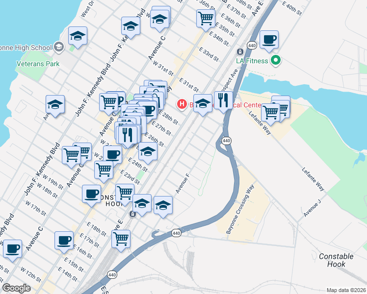 map of restaurants, bars, coffee shops, grocery stores, and more near 73 East 26th Street in Bayonne