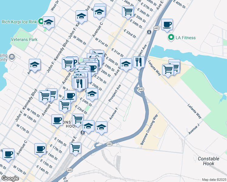 map of restaurants, bars, coffee shops, grocery stores, and more near 73 East 26th Street in Bayonne