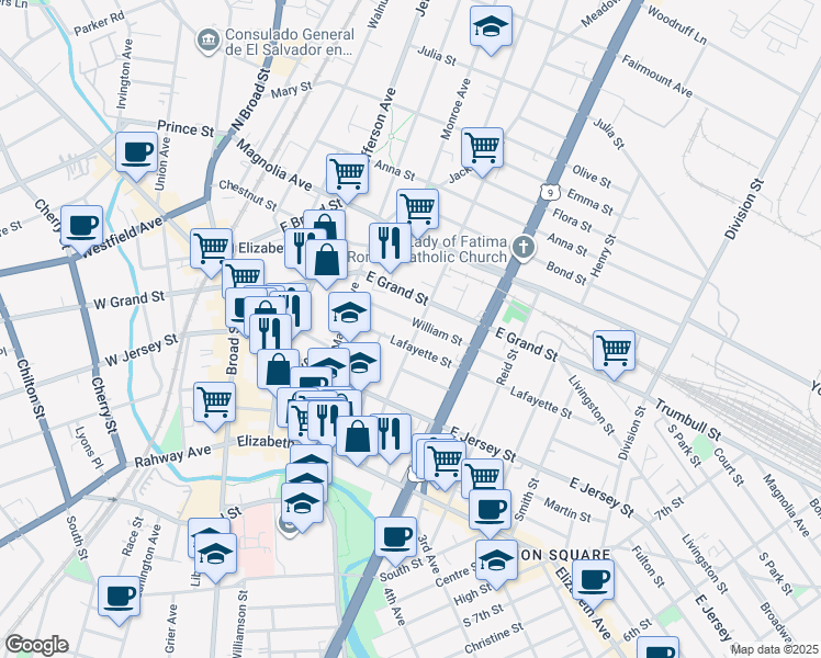 map of restaurants, bars, coffee shops, grocery stores, and more near 1045 Lafayette Street in Elizabeth