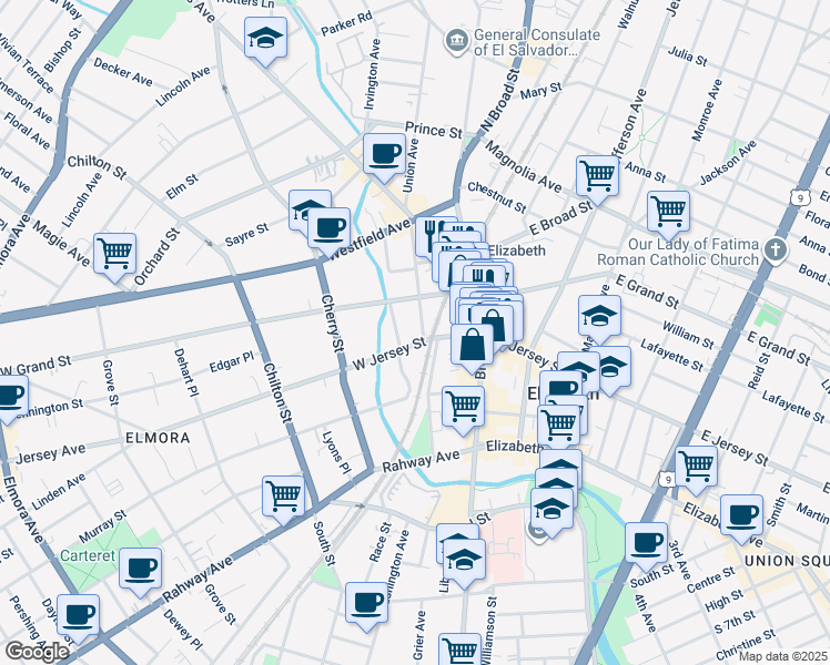 map of restaurants, bars, coffee shops, grocery stores, and more near 40 West Jersey Street in Elizabeth
