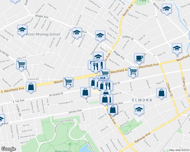 map of restaurants, bars, coffee shops, grocery stores, and more near 618-630 Westfield Avenue in Elizabeth