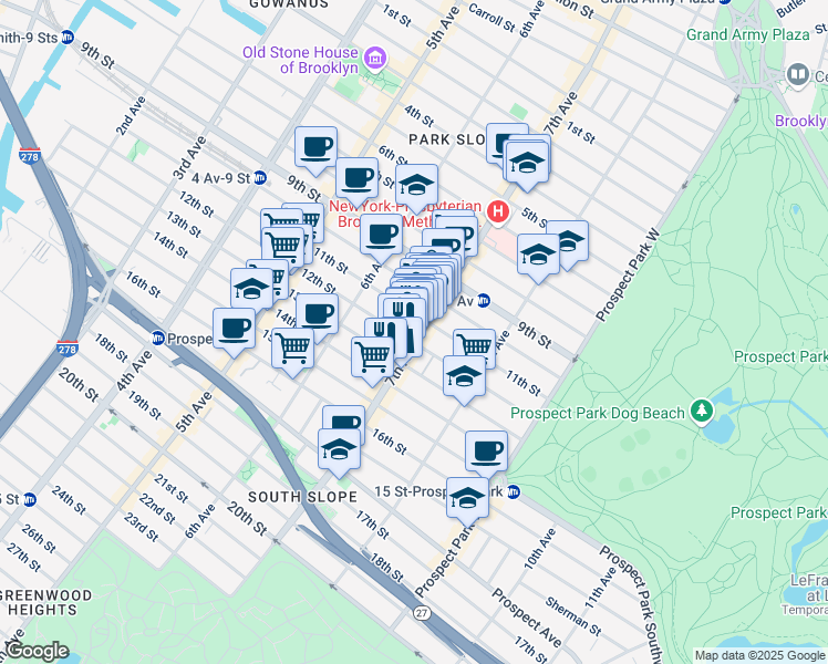 map of restaurants, bars, coffee shops, grocery stores, and more near 389 7th Avenue in Brooklyn