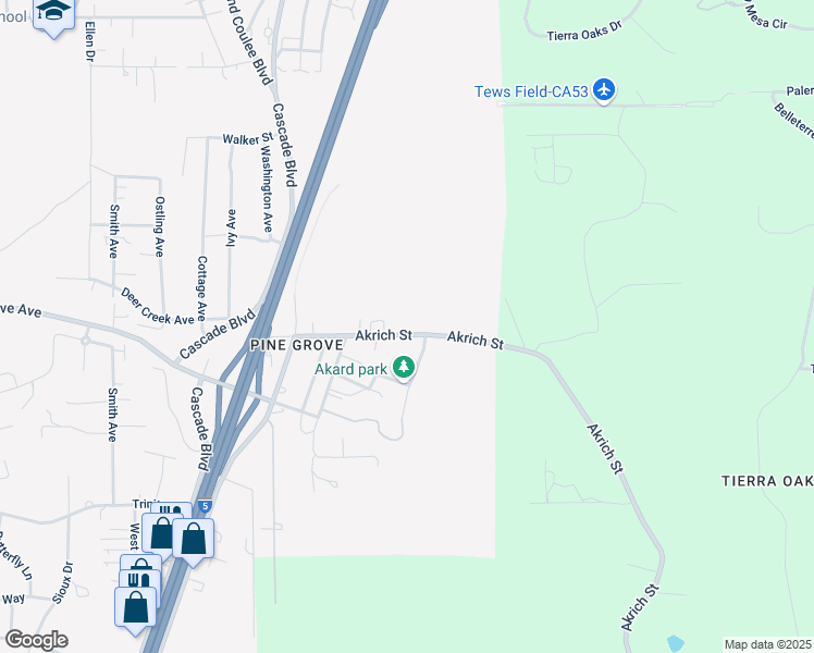 map of restaurants, bars, coffee shops, grocery stores, and more near 5439 Akrich Street in Shasta Lake