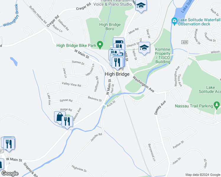 map of restaurants, bars, coffee shops, grocery stores, and more near 41 West Main Street in High Bridge