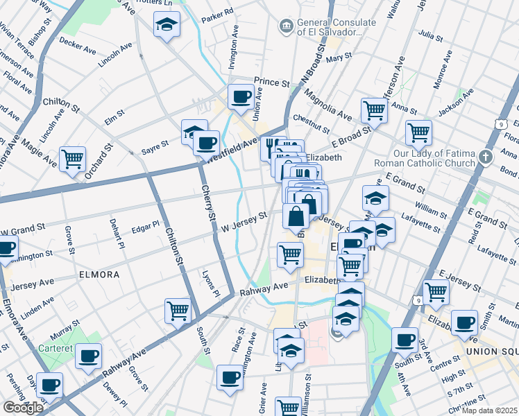 map of restaurants, bars, coffee shops, grocery stores, and more near 40 West Jersey Street in Elizabeth