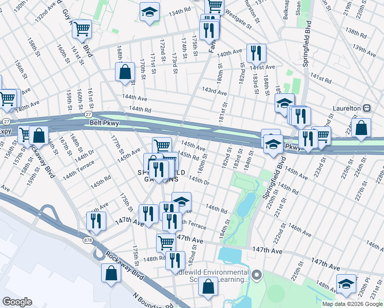 map of restaurants, bars, coffee shops, grocery stores, and more near 178-45 145th Road in Queens