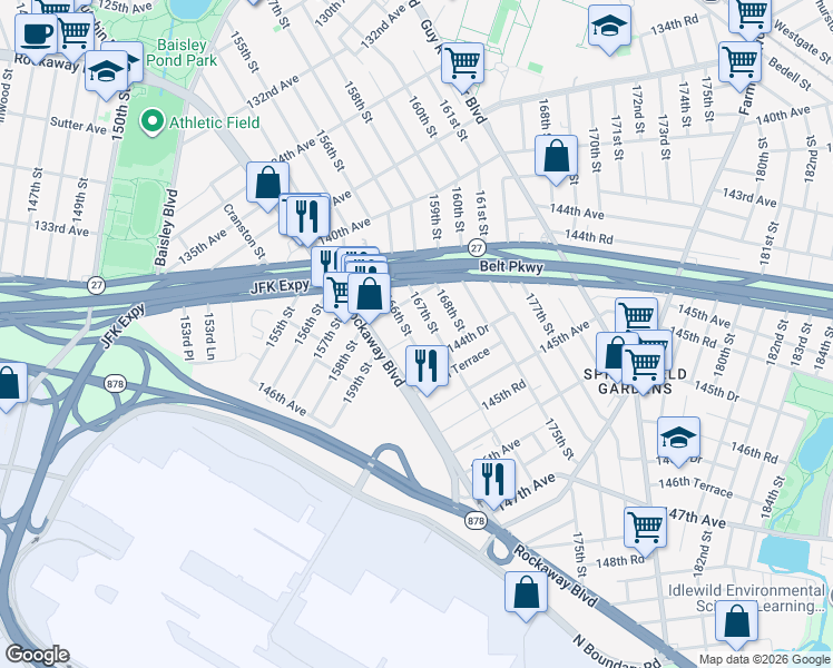 map of restaurants, bars, coffee shops, grocery stores, and more near 165-22 144th Road in Queens