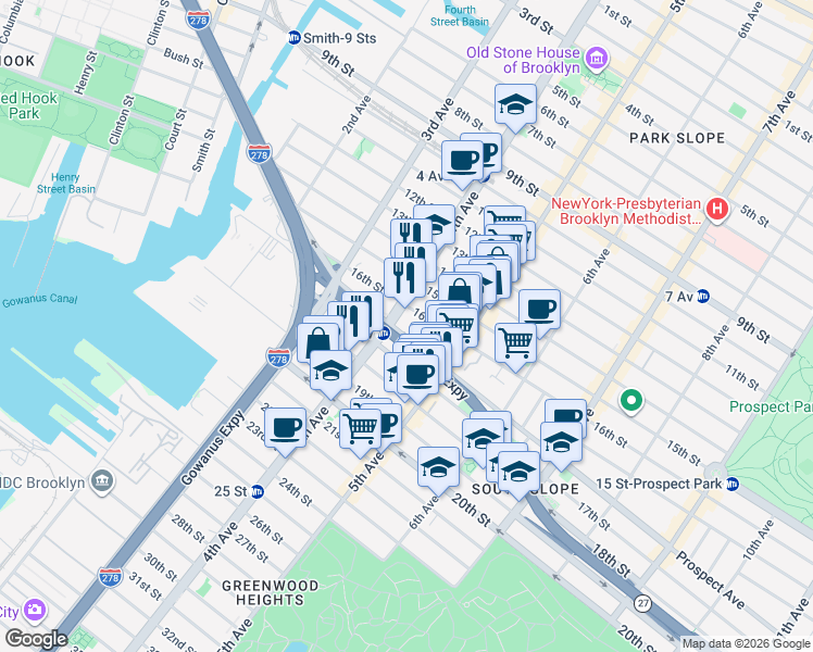 map of restaurants, bars, coffee shops, grocery stores, and more near 201 Prospect Avenue in Brooklyn
