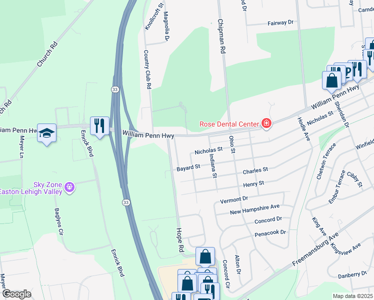 map of restaurants, bars, coffee shops, grocery stores, and more near 3245 Illinois Street in Easton
