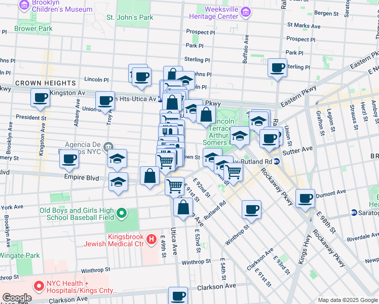 map of restaurants, bars, coffee shops, grocery stores, and more near 825 Crown Street in Brooklyn