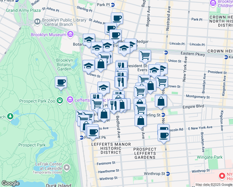 map of restaurants, bars, coffee shops, grocery stores, and more near 1680 Bedford Avenue in Brooklyn