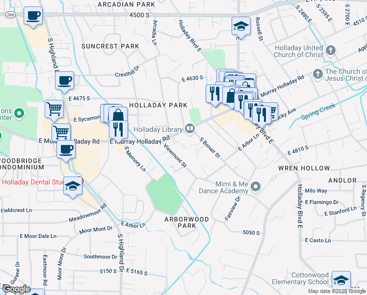 map of restaurants, bars, coffee shops, grocery stores, and more near 4825 Viewmont Street in Salt Lake City