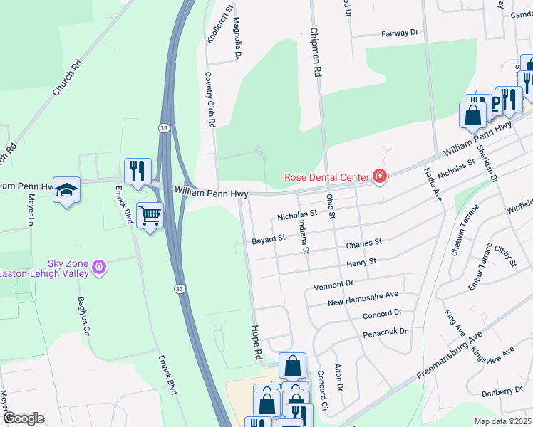 map of restaurants, bars, coffee shops, grocery stores, and more near 3245 Illinois Street in Easton