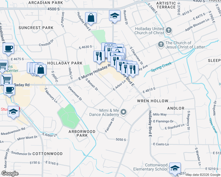 map of restaurants, bars, coffee shops, grocery stores, and more near 2220 East Murray Holladay Road in Holladay