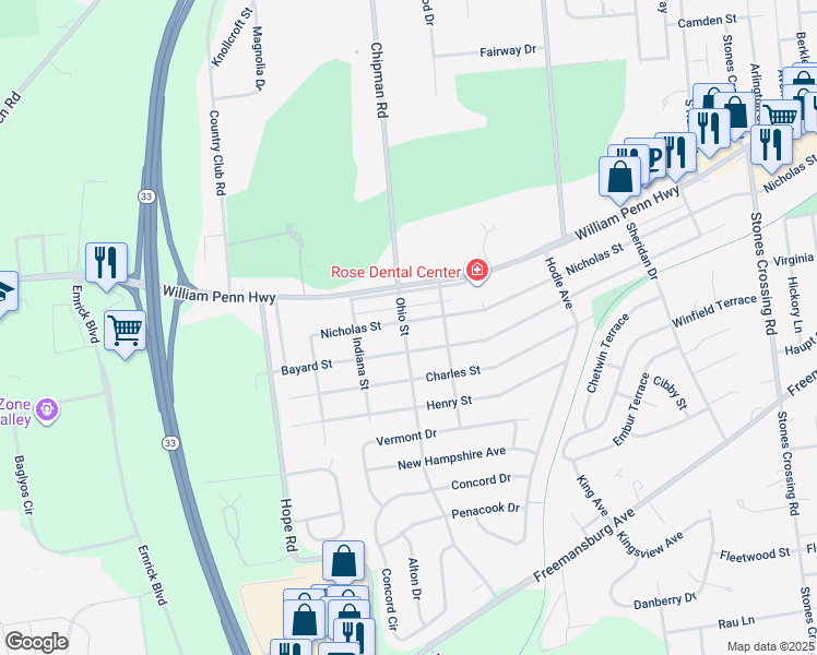 map of restaurants, bars, coffee shops, grocery stores, and more near 4630 Nicholas Street in Easton