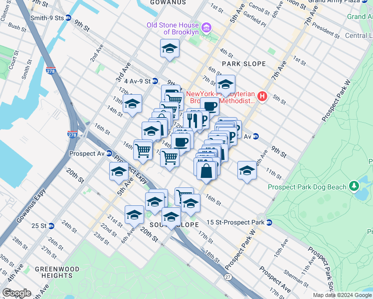 map of restaurants, bars, coffee shops, grocery stores, and more near 512 6th Avenue in Brooklyn
