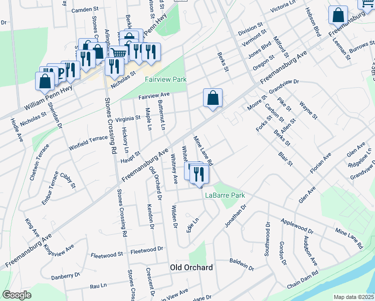 map of restaurants, bars, coffee shops, grocery stores, and more near 1122 Whitehall Avenue in Easton
