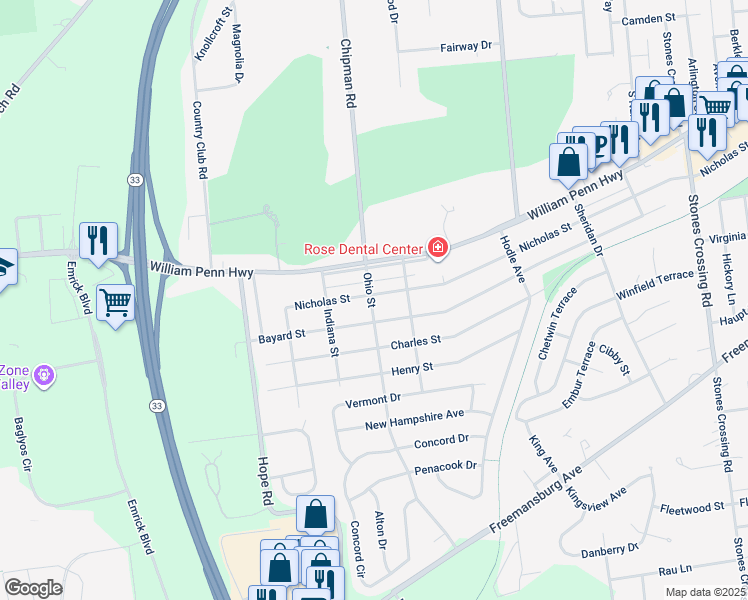 map of restaurants, bars, coffee shops, grocery stores, and more near 4630 Nicholas Street in Easton