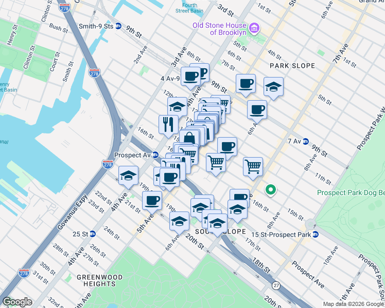 map of restaurants, bars, coffee shops, grocery stores, and more near 240 15th Street in Brooklyn