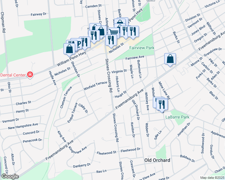 map of restaurants, bars, coffee shops, grocery stores, and more near 815 Stones Crossing Road in Easton