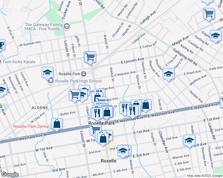 map of restaurants, bars, coffee shops, grocery stores, and more near 312 Walnut Street in Roselle Park