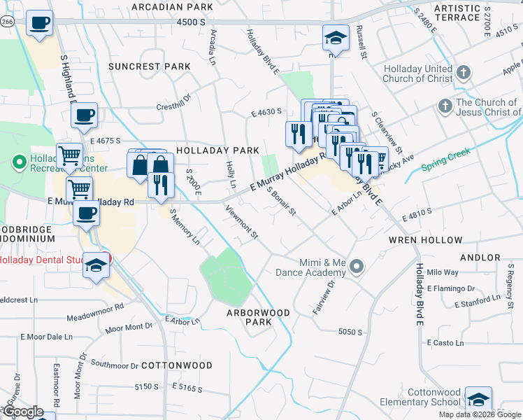 map of restaurants, bars, coffee shops, grocery stores, and more near 4825 Viewmont Street in Salt Lake City
