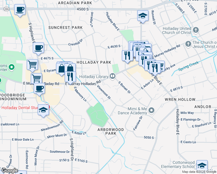 map of restaurants, bars, coffee shops, grocery stores, and more near 4825 Viewmont Street in Salt Lake City