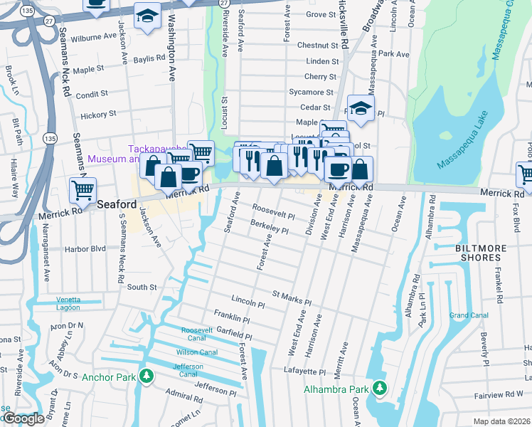 map of restaurants, bars, coffee shops, grocery stores, and more near 97 Berkeley Place in Massapequa