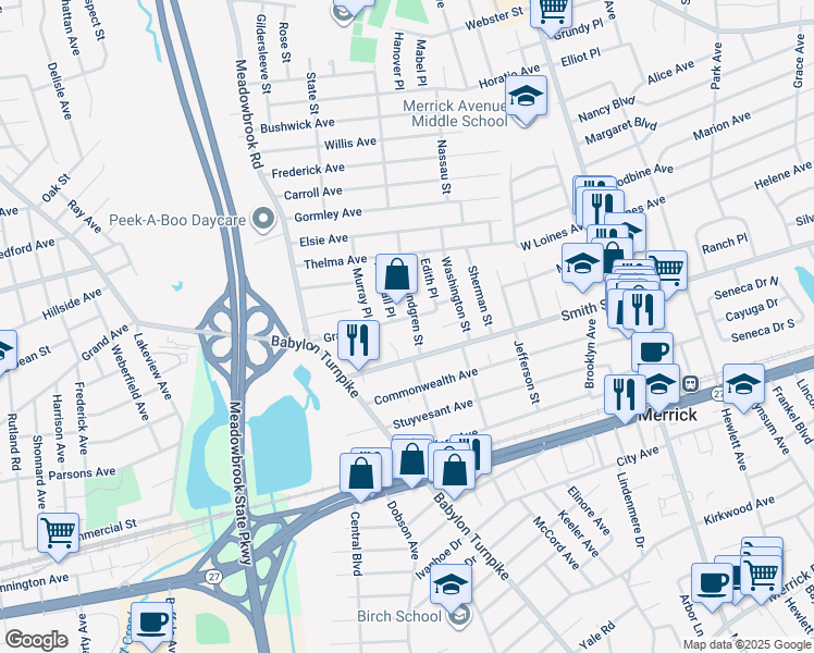 map of restaurants, bars, coffee shops, grocery stores, and more near 2100 Lindgren Street in Merrick