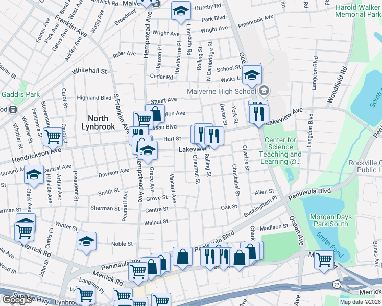 map of restaurants, bars, coffee shops, grocery stores, and more near 115 Chestnut Street in Lynbrook