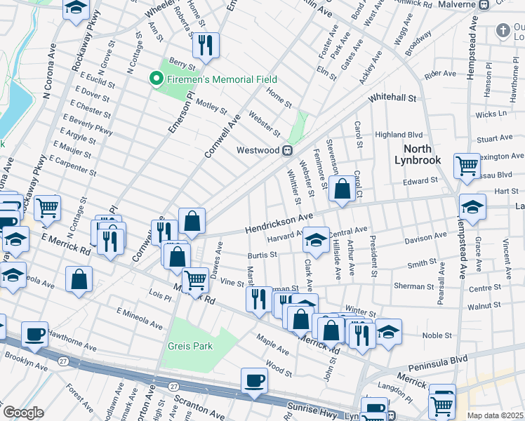 map of restaurants, bars, coffee shops, grocery stores, and more near 251 Hendrickson Avenue in Lynbrook