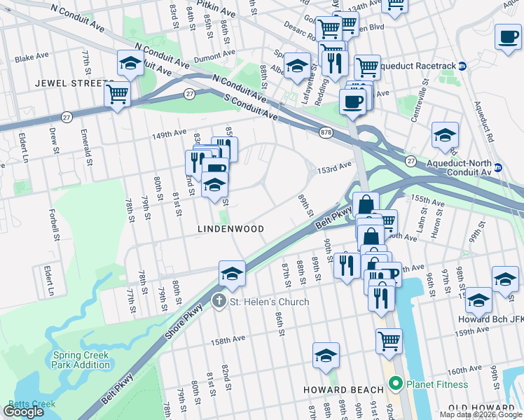 map of restaurants, bars, coffee shops, grocery stores, and more near 86,42 155th Avenue in Queens