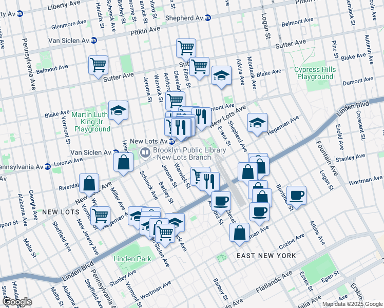 map of restaurants, bars, coffee shops, grocery stores, and more near 691 Ashford Street in Brooklyn