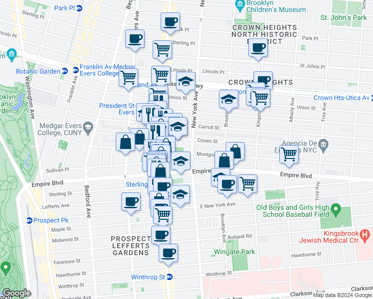 map of restaurants, bars, coffee shops, grocery stores, and more near 500 Montgomery Street in Brooklyn
