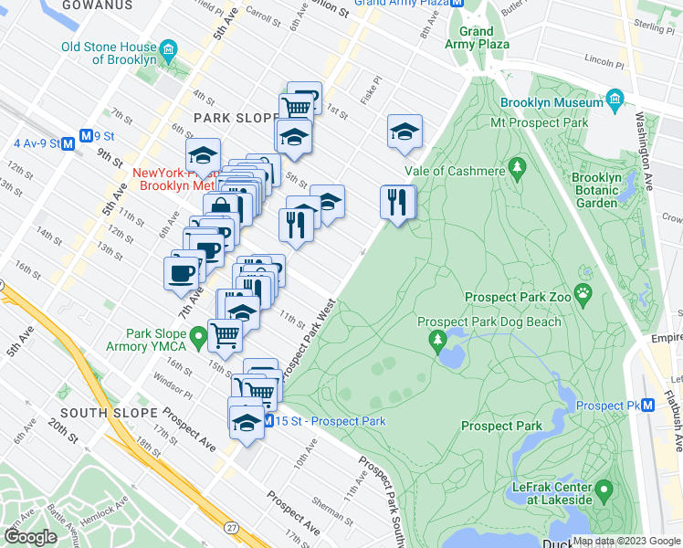 map of restaurants, bars, coffee shops, grocery stores, and more near 139 Prospect Park West in Brooklyn