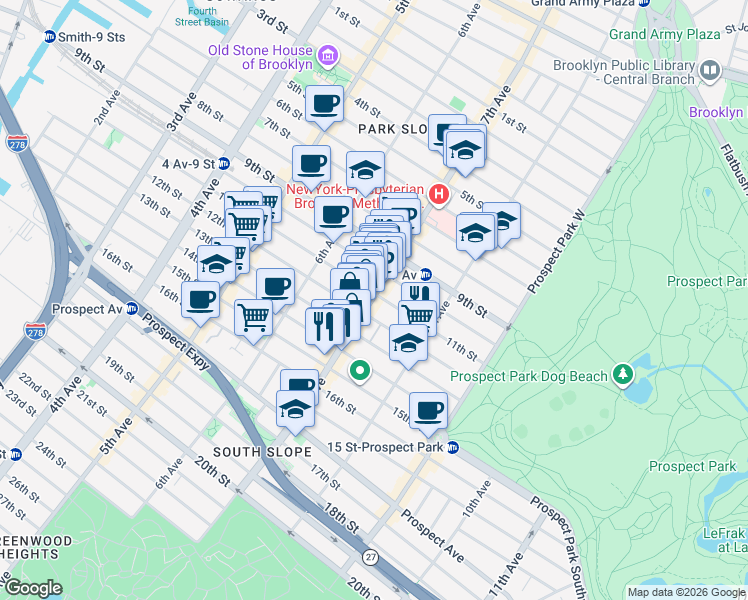 map of restaurants, bars, coffee shops, grocery stores, and more near 389 7th Avenue in Brooklyn