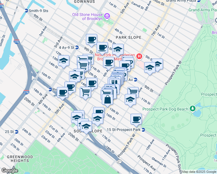 map of restaurants, bars, coffee shops, grocery stores, and more near 365 13th Street in Brooklyn