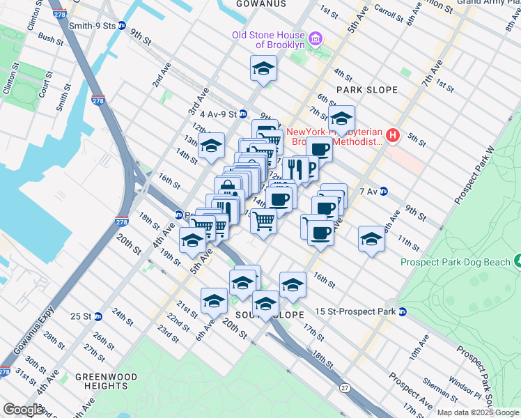 map of restaurants, bars, coffee shops, grocery stores, and more near 251 15th Street in Brooklyn